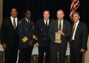 Left to Right : Community Relation's Executive Director Blaine Griffith, Chief Calvin Williams, Second District Commander Thomas Stacho, ,Robert Shores, and Cleveland Police Foundation Board Member James Craciun.
