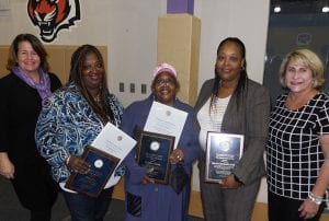 Our recipients left to right... C.P.F. board member Nancy Feighan, Belinda Bray, Dr. Esther Williams, Detective Terri Sanders and Kim Snyder. Fifth District Awards Ceremony, October 2017, Cleveland Police Foundation.