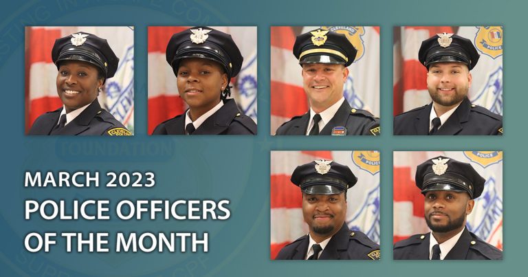 CPF Police Officers of the Month - March 2023 - Officers Andreaa Renshaw, Angelia Gaston, Daniel Angelo, Michael Phelps, Davonte Congress, Aarius Waters and Captain Tim Maffo-Judd