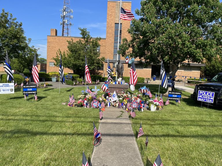 A tribute to fallen officer Jacon Derbin at the Euclid PD Headquarters