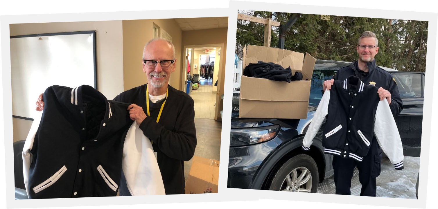 A collage showing Second District Sgt. Thomas and Mike Duda of Sports Focus with boxes of donated clothing, ready for distribution.