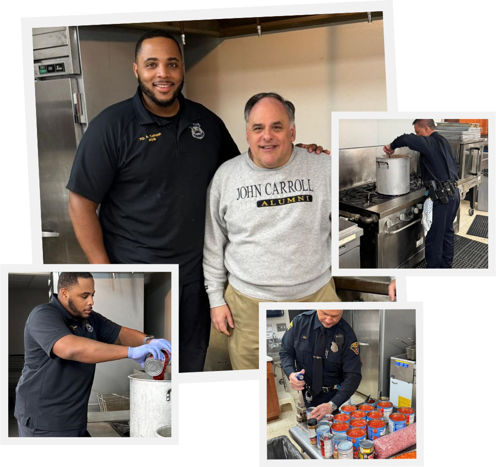 Officers Calhoun and Petkac preparing five gallons of chili for the Hermes Road Racing Chili Cook Off