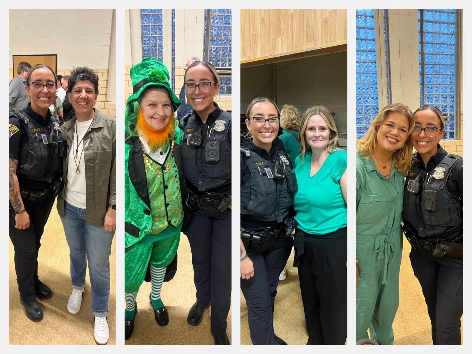 A collage of four photos showing Officer Rodriguez at the Edna House event, posing with community members, including one dressed as a leprechaun. The group is smiling, wearing festive green attire, and gathered in a community hall.