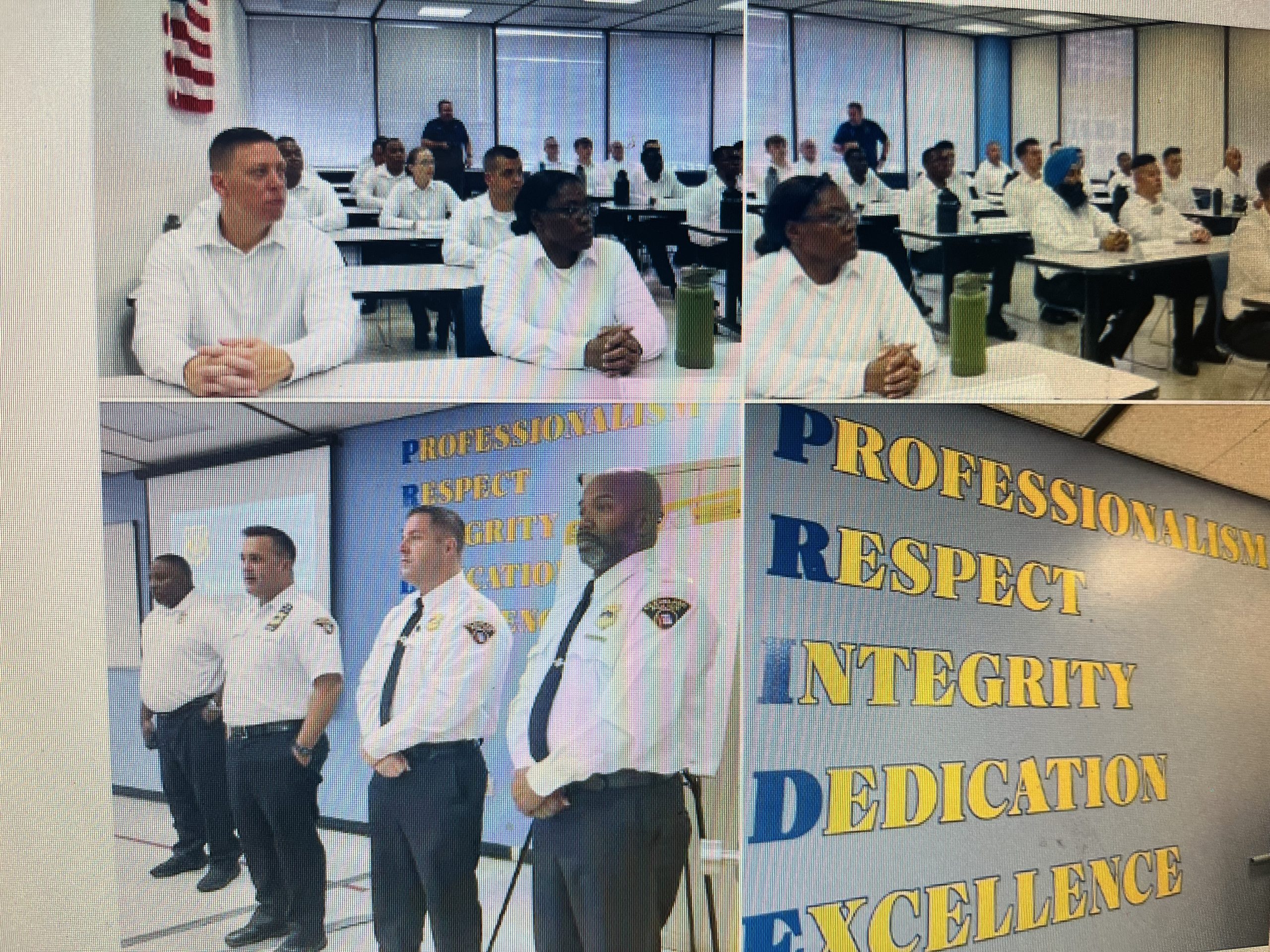 Guttu and CPD leadership speak with cadets of the 156th Cleveland Police Academy Class at the Justice Center, with a “PRIDE” values wall behind them.