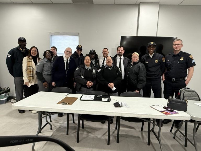 Second District officers, Cleveland Fire, and CPD Auxiliary members pose after April’s monthly community meeting.