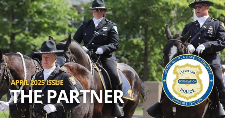 Masthead for the April 2025 issue of The Partner newsletter from the Cleveland Police Foundation, featuring a photo from the 2021 Police Memorial Week parade with mounted officers and a riderless horse tribute, overlaid with newsletter title text and the CPF badge logo.