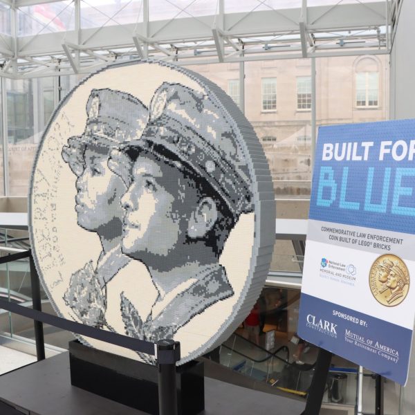 LEGO sculpture of the commemorative law enforcement coin displayed at the National Law Enforcement Museum