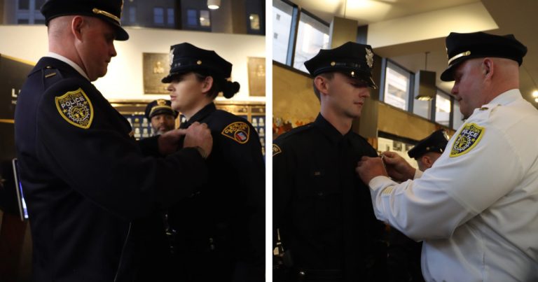 Side-by-side collage of Lieutenant Rutherford pinning badges on his children, Kayla and Brennan Rutherford, at their respective CPD Academy graduations.